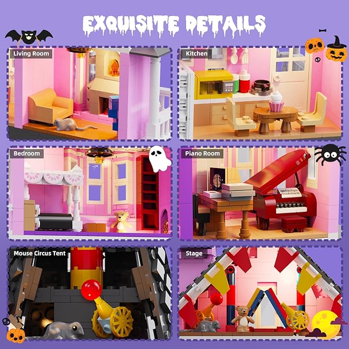 Pink Girls House Building Set with Light Haunted House Construction Building Toys Architecture Building Kit for Adults Compatible with Lego Halloween for 14+ (1537 PCS)