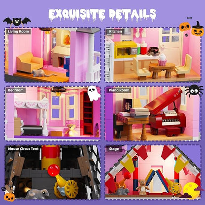 Pink Girls House Building Set with Light Haunted House Construction Building Toys Architecture Building Kit for Adults Compatible with Lego Halloween for 14+ (1537 PCS)