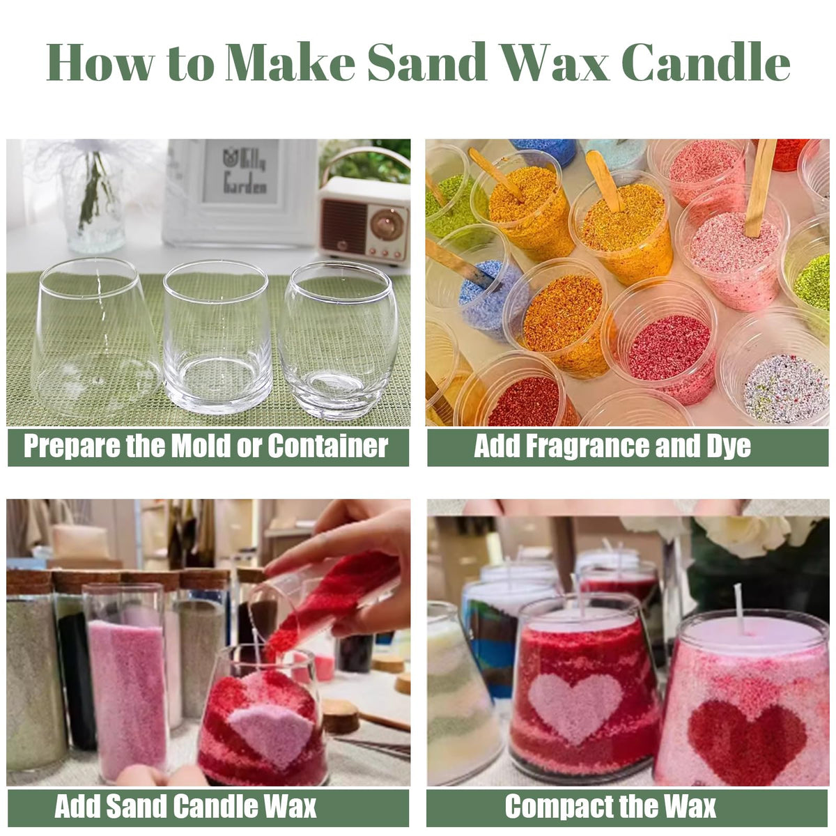 CoolCrafts Sand Wax Candle with Wicks 2 LB Pearled Sand Candle Bulk for Candle Making, Wedding Decor, Crafts - Green