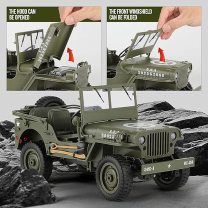 1/10 Scale RC Military SUV Remote Control 4WD Off-Road Vehicle with Alloy Frame Chassis with Winch and Capstan Army Vehicle with Opening Hood and Folding Windshield 2 Batteries