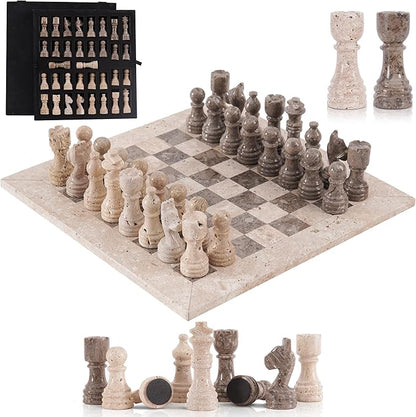 Marble Chess Set for Adults 12 Inch Handmade Travertine and Oceanic Board Game with Storage Box Travel Chess Set for Tabletop with Pieces &amp 2 Extra Queens Gifts for Home Décor