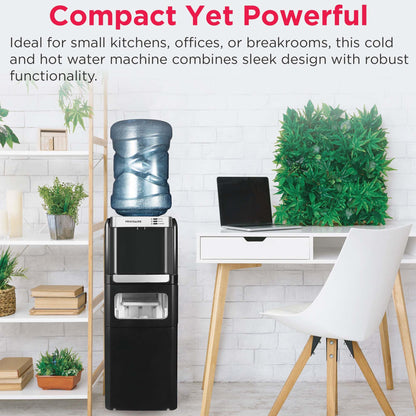 Frigidaire 3-in-1 Hot or Cold Top-Load Water Cooler Dispenser, 5 Gal Bottle, Built-in Bullet Ice Maker, Compact, Black