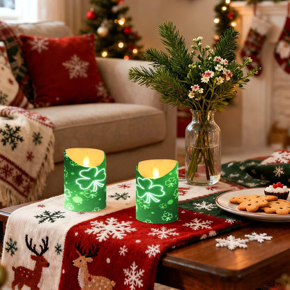 St. Patrick's Day Flameless Candles Set of 2 Green Clover Shamrock G Realistic LED Candles with Remote Battery Operated Holiday Decorations