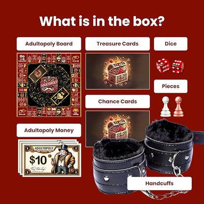 Adultopoly with Handcuffs – a Romantic Spin on The Classic Board-Game. Playful Date Night Games for Couples to Spark Romance Fun and Deeper Connection. The Ultimate Adultopoly Board Game