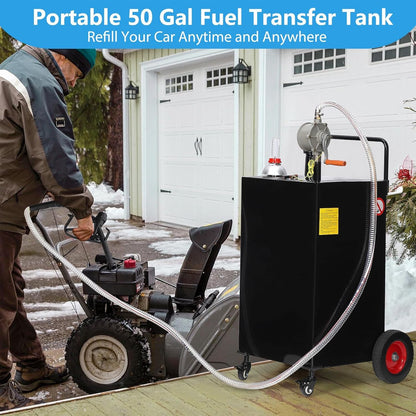50 Gallon Portable Fuel Caddy with Manual Pump, Heavy Duty Gasoline & Diesel Transfer Tank On 4 Wheels, Mobile Fuel Storage Container for Truck, Boat, Lawn Mower, ATV, Garage & Farm Use – Black
