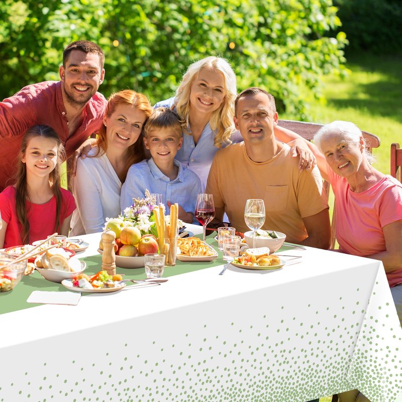 3Pcs White and Sage Green Tablecloth Decorations,Plastic White Table Cloth Printed Green Table Runner Disposable Rectangle Tables Cover for Birthday Wedding Anniversary Graduation Party,54 x108 Inch