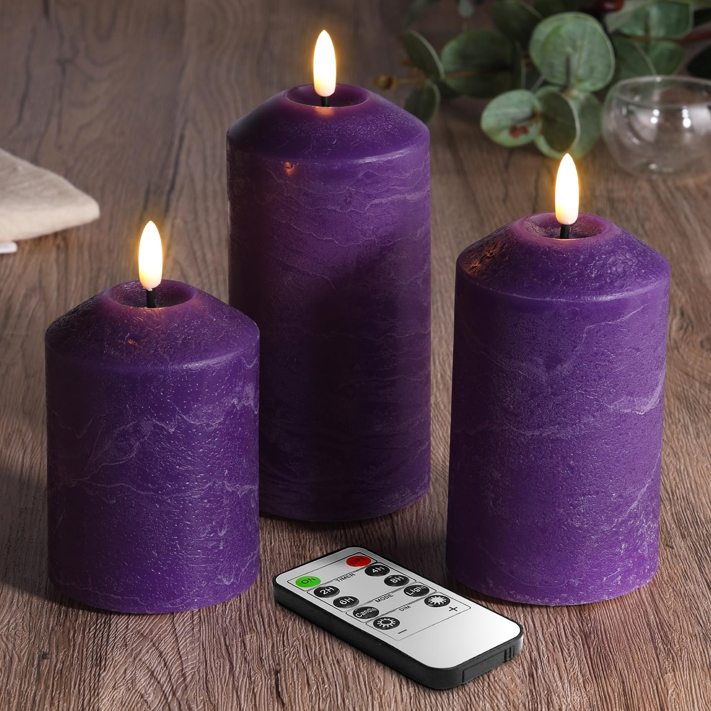 Eywamage Purple Flameless Pillar Candles with Remote, Christmas LED Candles Battery Operated Flickering Real Wax Set of 3