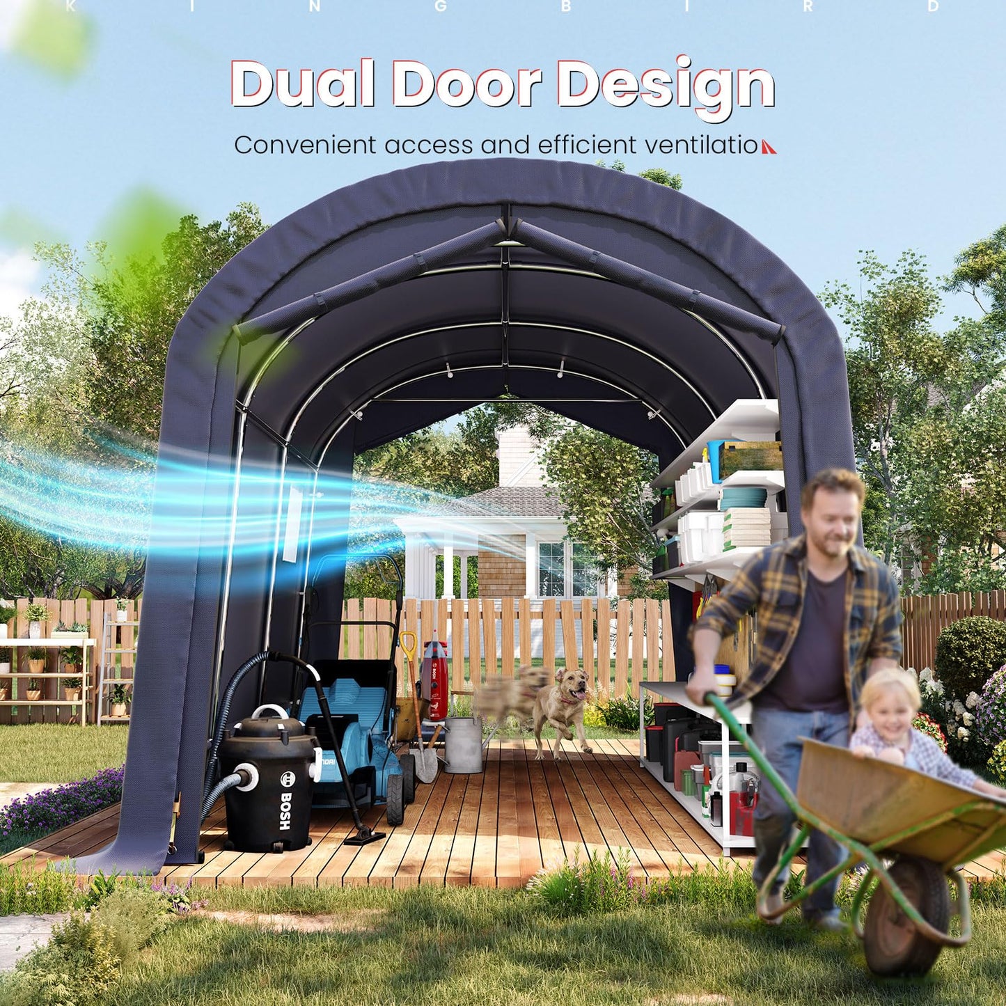 KING BIRD 10' x 15' Round Style Garage Carport Shelter Heavy Duty Storage Shelter Portable Canopy Shed with Roll-up Ventilated Windows for Boat, Patio Furniture and Lawn Mower-Dark Gray