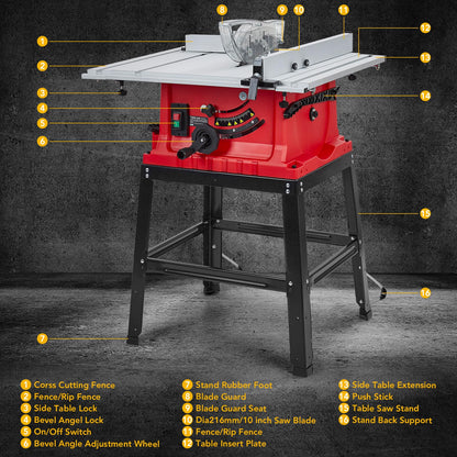 Table Saw 10 Inch, 15 Amp 5000RPM Powerful Tablesaw With Stand & Protective Cover, 36 X 25 Inch Tabletop Saw 90° Cross Cut & 0-45° Bevel Cut, Adjustable Depth, for Woodworking, Metal, Plastic
