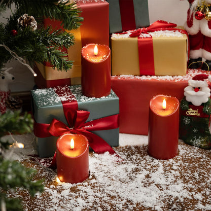 Homemory Burgundy Flameless Candles, Waterproof Flickering Flameless Candles, Outdoor Battery Operated LED Pillar Candles with Remote Timer, Electric Fake Plastic Candles, D3 x H4 5" 6", Red, 3 Pack