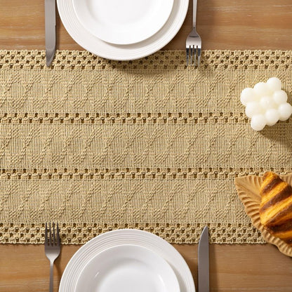 Socomi Boho Table Runner Summer Farmhouse Rustic Dining Kitchen Centerpiece Decor Small Macrame Woven Cotton Linen Coffee Table Runner for Dresser Scarf Home Decor 12x36 inch Champagne