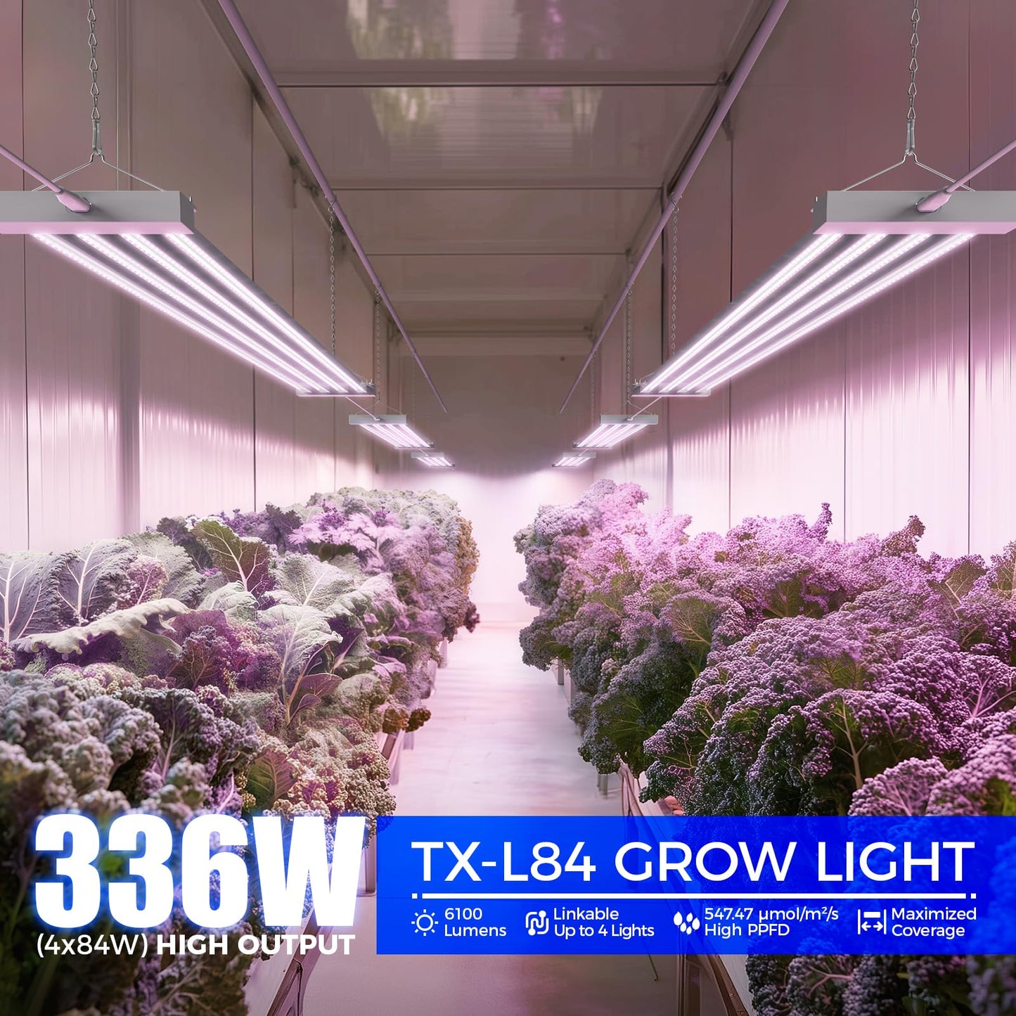 Barrina TX-L84 4FT LED Grow Light, 336W (4 x 84W), 4 Panel Wider Coverage, Full Spectrum, High PPFD, Mechanical Timer, Linkable, Hanging Light, Plant Stand with Grow Light for Indoor, Seeding, 4 Packs