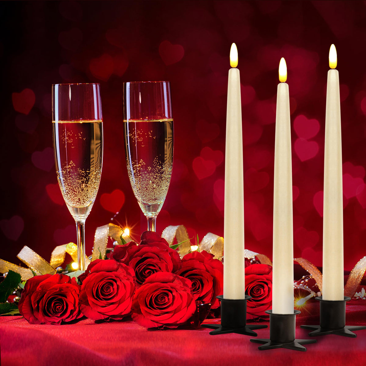CVHOMEDECO. Flameless Taper Candles with 10-Key Remote, Battery Operated Led Flickering 3D Wick Window Candles Real Wax Finished Home Christmas Party Decor 0.78 x 11 Inch, Pack of 3, Ivory
