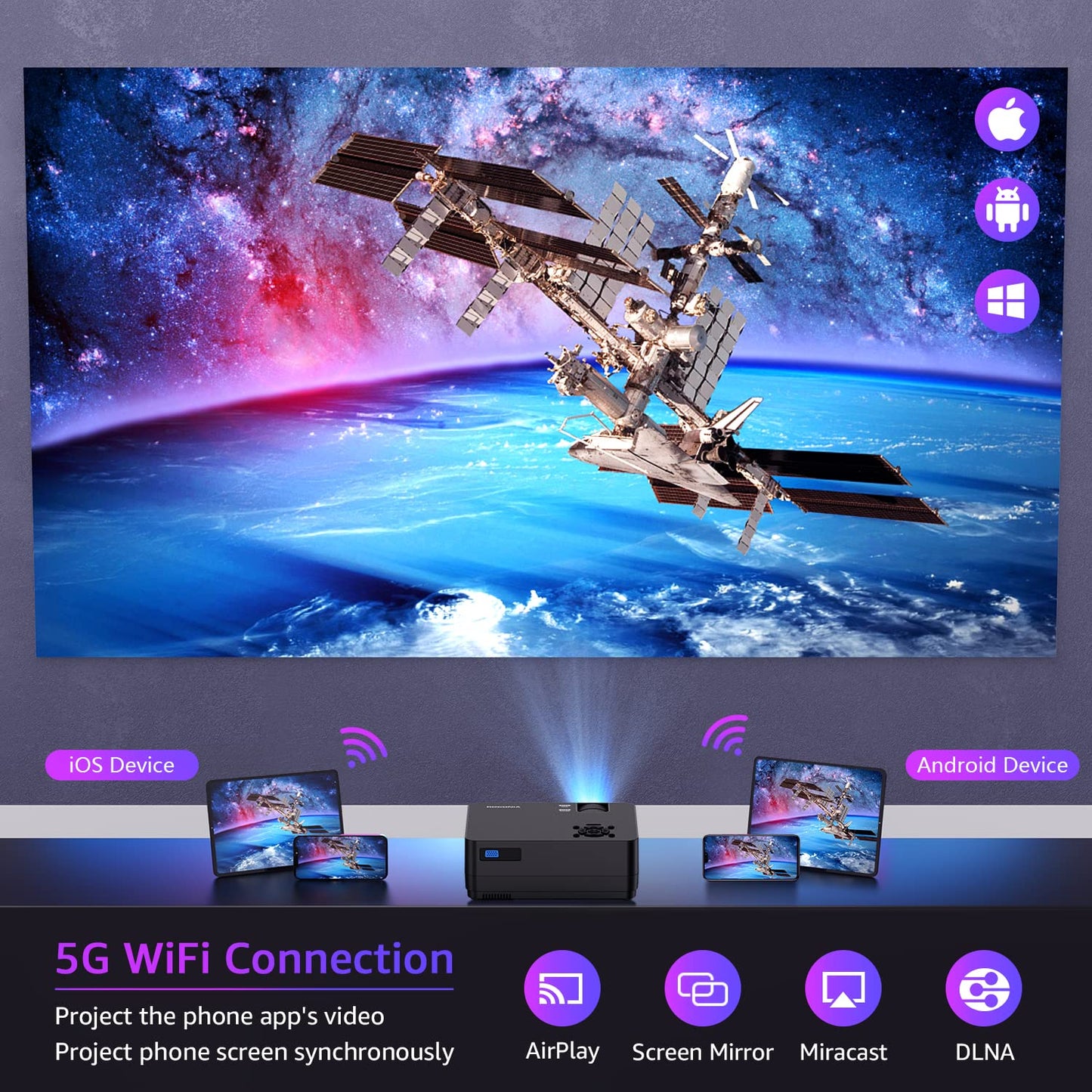 Projector with 5G WiFi and Bluetooth, Native 1080P Projector[Projector Screen Included], Full HD 18000LM Movie Projector, 100" Display Home Theater, Compatible with Phone/Laptop/TV Stick