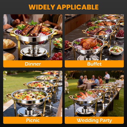POWERFUEL Chafing Dishes for Buffet, 4 Pack 6QT Round Stainless Steel Chafers Sets with 4 Serving Tongs, Rolled-Edge Food Warmers for Parties, Catering, Weddings, Events Dinners