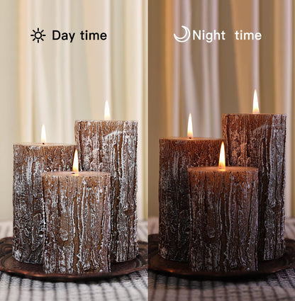 Classic Pine Tree Bark Texture Pillar Candles Set - Real Wax 3 Sizes (4", 5", 6" Tall) Rustic Decor Fireplace Candles, Unscented Woodland Style Pillar Candle for Home, Dining Table, Holiday Decor