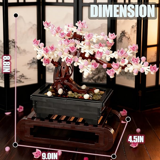 3IN1 Cherry Blossom Bonsai Tree Building Blocks Set Botanicals 3 Season Leaf Bonsai Tree Building Bricks Compatible with Lego Pink Flowers Plant Home Office Decor Ideal Gift for Adult Teen(1229PCS)
