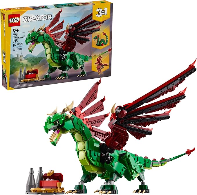 LEGO Creator 3 in 1 Medieval Dragon Toy - Building Toy with 3 Build Options Dragon Sea Serpent or Phoenix - Fantasy Set for Kids Boys and Girls Ages 9+ - Gift Idea for Birthdays - 31161