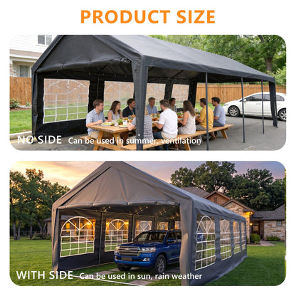 Carport 13x26 FT Heavy Duty Carport Canopy, Reinforced Steel Frame Car Tent Garage with 6 Windows, Waterproof & UV-Resistant Car Shelter, Portable Garage All-Season Tarp for Car/Truck/Boat Grey