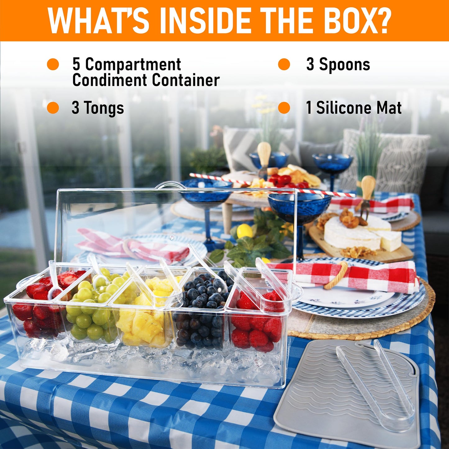 Ice Chilled Condiment Containers with Hinged Lid - Chilled Condiment Server with Lid, Clear Serving Tray Includes 5 Detachable Compartments, 3 Tongs, 3 Spoon and 1 Grey Pad
