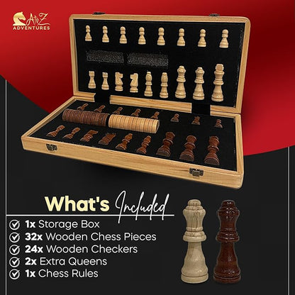 Magnetic Chess Set with Checkers - 15 (2 in 1) Folding Wooden Chess Sets for Adults &amp Kids with 2 Extra Queens | Travel Chess Board Game Set with Chess Pieces Storage Slots Luxury Gift with Stor
