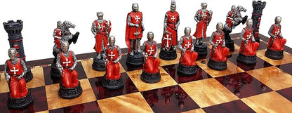Medieval Times Crusades RED &amp Blue Maltese Knight Set of Chess Men Pieces Hand Painted - NO Board