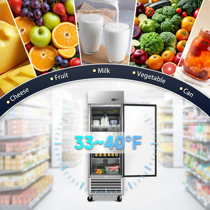 27"W Commercial Freezer,23 Cu.ft Refrigerator with 1 Solid Door Reach-In Freezers Stainless Steel,ETL Approved Upright Freeze Storage w/4 Casters,3 Adjustable Shelves,LED Light,for Restaurant,Silver