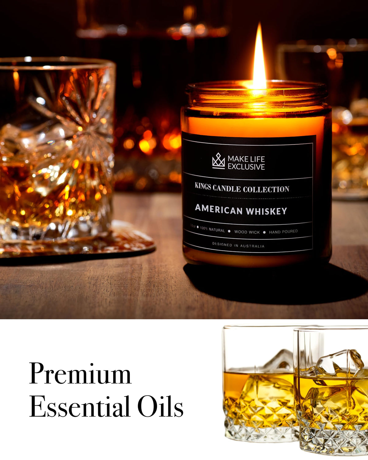 Scented Candles for Men | Whiskey Scented | Wooden Wick, Long Lasting, Masculine Scents | Natural Soy Jar Candle for Home, Bacehlor Pad Decor | The Perfect Mens Gift