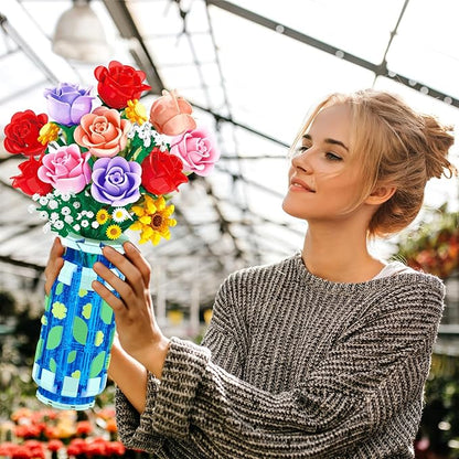 Roses Flowers Building Set with Vase &amp LED Light Easter/Birthday Day Gift for Her/Him 16 Mini Flowers Bouquet Building Blocks Toy Artificial Flowers for Home Office Decor &amp Display
