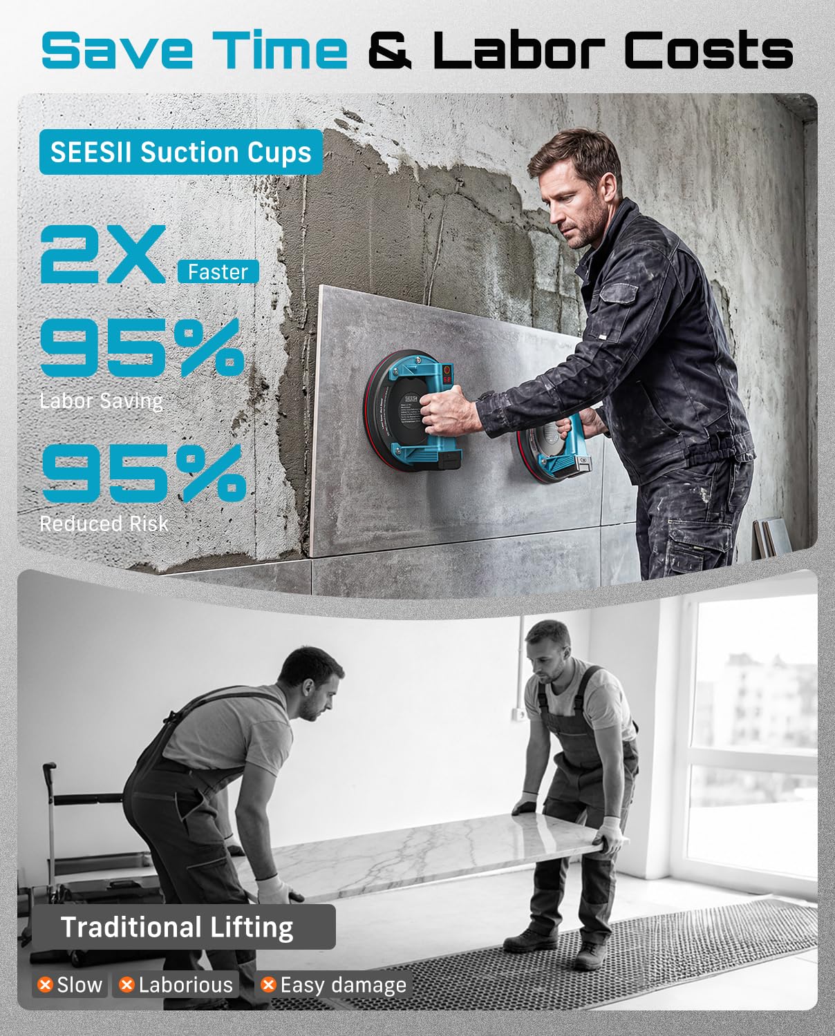 SEESII Electric Suction Cups for Glass, 600 LBS Max Load, 8" Heavy Duty Tile Suction Cups Lifter with 4X 2400mAh Batteries, Auto Start Pump, Display, for Lifting Large Glass, Tile, Granite, Metal