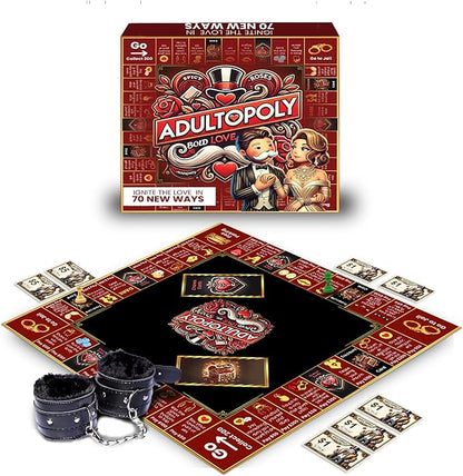 Adultopoly with Handcuffs – a Romantic Spin on The Classic Board-Game. Playful Date Night Games for Couples to Spark Romance Fun and Deeper Connection. The Ultimate Adultopoly Board Game