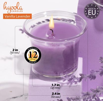 HYOOLA Clear Cup Scented Votive Candles - Vanilla Lavender - 12 Hour Burn Time - 4 Pack - European Made