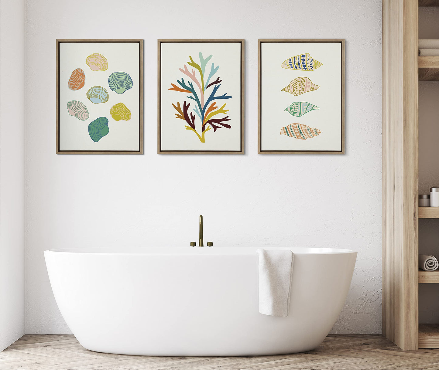 Kate and Laurel x Alicia Schultz Collaboration Found Framed Linen Textured Canvas Wall Art by Alicia Schultz, 18x24 Gold, Colorful Beachy Shell Art for Wall