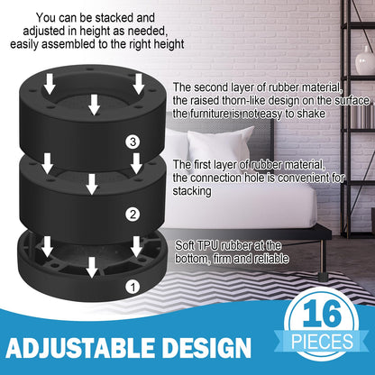 Treela 16 Set Furniture Bed Risers Adjustable Bed Risers Lifts Height 0.5" 1" 1.4" 2.4" or 5.3" Stackable Heavy Duty Furniture Height Extenders Lifts for Desk Table Chair(Black)