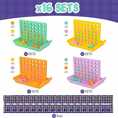 BONNYCO 4 in a Row Pack of 16 Birthday Party Favors for Kids Age 5-12. Classroom Prizes for Students Bulk Gifts Mini Travel Board Games and Toys Goodie Bags and Pinata Stuffers