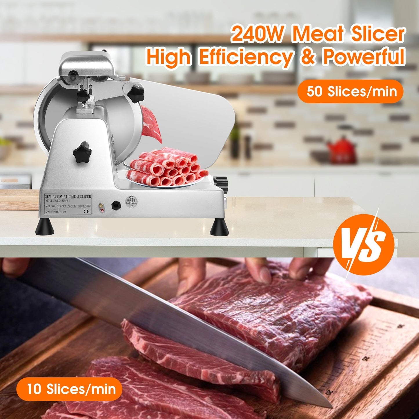 Zomagas 10 inch Commercial Meat Slicer, 240W Frozen & Cheese Slicer, Premium Chromium-plated Steel Blade, Semi-Auto, Low Noise