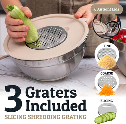 Priority Chef 6-Piece Stainless Steel Mixing Bowls Set - Non-Slip Bases & Airtight Lids | Khaki