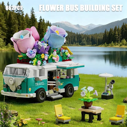 Flower Car Building Block Set City Camper Van Building Set Botanical Collection Flowers Vehicles Blocks Toys Friends Creative Gift for Boys Girls 6-12 Years Old (862 pcs)