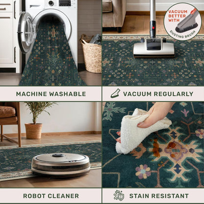 Regine Switzerland Dark Green Washable Runner Rug - Non-Skid 2'6"x10' for Hallway & Entryway Décor