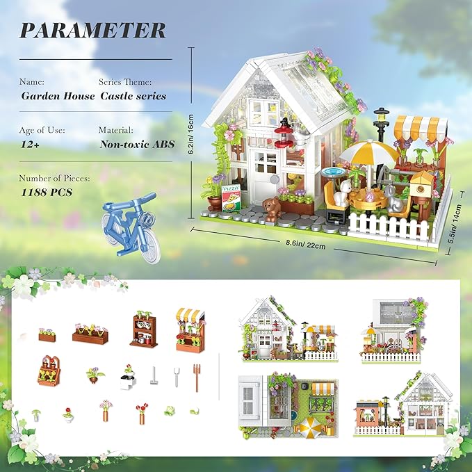 Flower House Building Set Greenhouse Building Block Set with LED Lights DIY Greenhouse KIt-Ideal Gifts for Kids and Adults-Plant and Animal Lovers 1188PCS