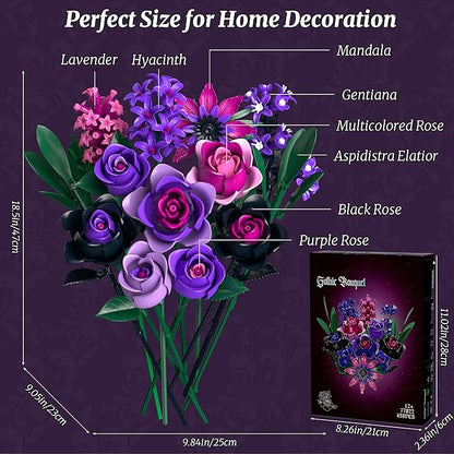 Purple Rose Bouquet Building Set: Compatible with Lego Flowers for Adults Women Gothic Artificial Botanical Collection Halloween Christmas Valentine's Gifts Home Decor