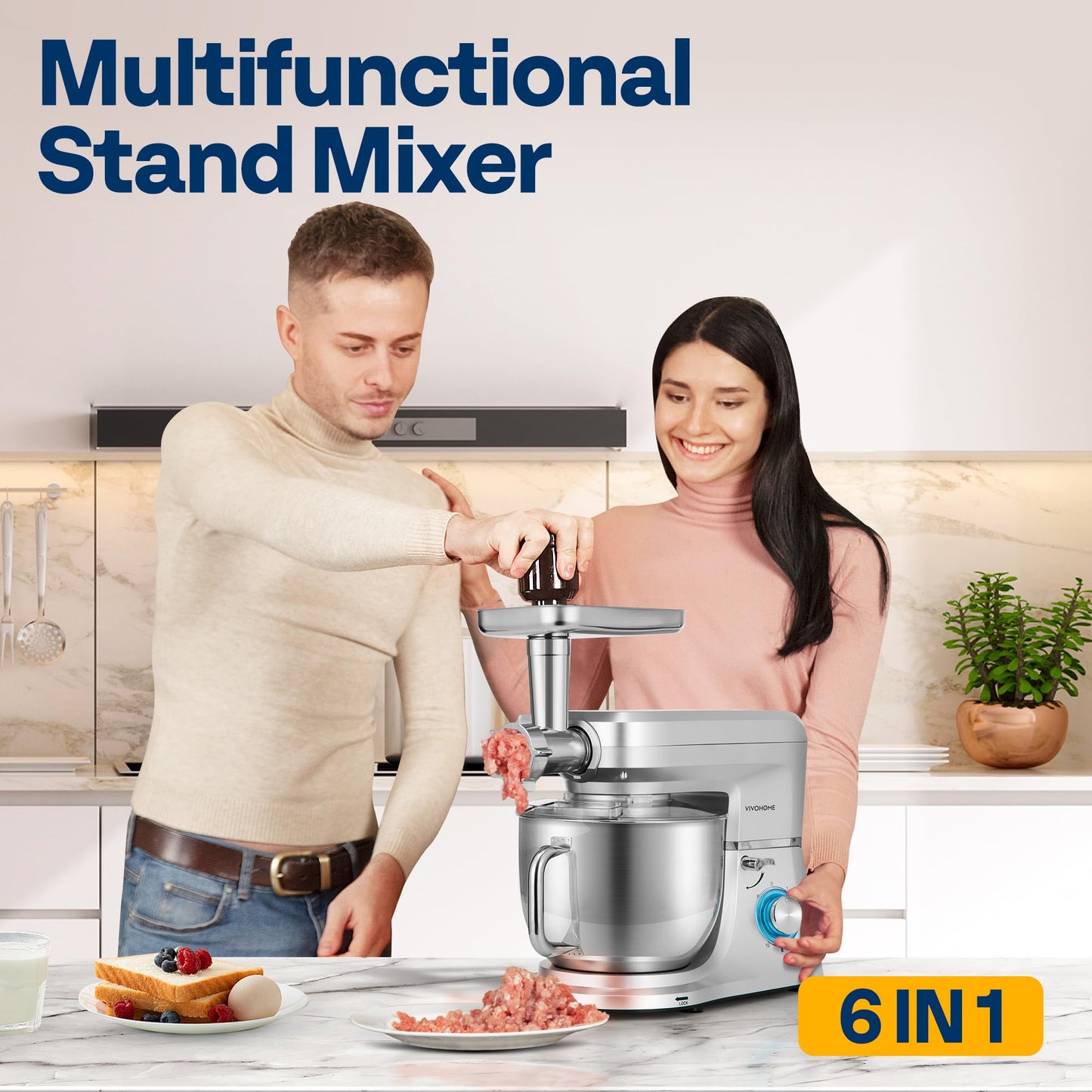 VIVOHOME 6-in-1 Stand Mixer, 8.5 Quart Electric Tilt-Head Kitchen Mixer with Bowl, Multifunctional Food Mixer for Cake, Bread, and Dough, with Meat Grinder, Blender, Pasta Maker Attachments, Silver