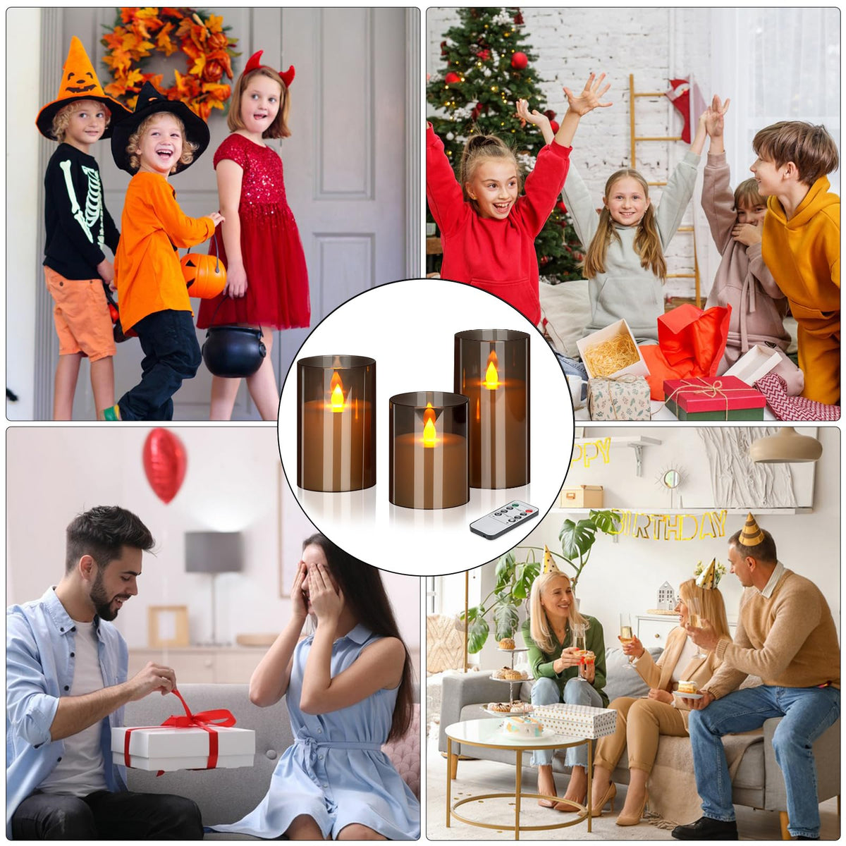 Flameless Candles 4" 5" 6" Acrylic Glass Pillars 3" Diameter Battery Operated Flickering Candles Include Remote with 24Hour Timer Function 400+ Hours by 2 AA Batteries (Gray, Warm Light 9 Pack)