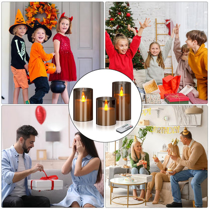 Flameless Candles 4" 5" 6" Acrylic Glass Pillars 3" Diameter Battery Operated Flickering Candles Include Remote with 24Hour Timer Function 400+ Hours by 2 AA Batteries (Gray, Warm Light 9 Pack)