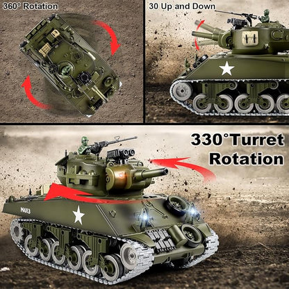 1:18 RC Tank for Adult and Kid 2.4G US M4A3 Sherman Alloy Metal Tracks Model Toys RC Vehicle Tank That Shoots BBS with Smoke Lights Sound Military Army Toys with 2 Rechargeable Battery