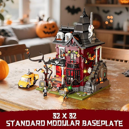 Halloween Midnight Haunted Mansion Lighting Building Bricks Set - Ghost Specter Phantom House City Town Modular Collection Kit 2617 Pcs for Adults &amp Teens