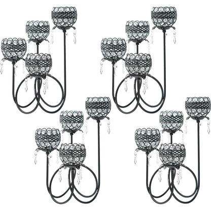 4 Arms Crystal Candelabra Tealight Holder - Tall 15.7 Inch Elegant Centerpiece with Crystal Pendant Bowls & Artistic Metal Stand for Wedding, Dining Table, Home Decor (4, Black)