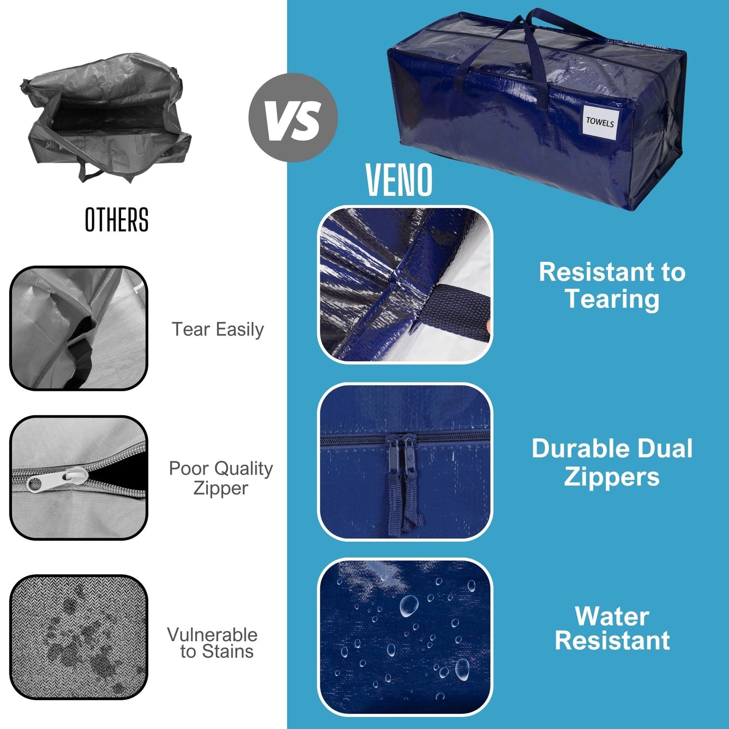 VENO 4 Pack Moving Bags w/Backpack Straps, Heavy Duty, Moving Boxes Alternative, Packing Supplies, Large Storage Totes for Dorm Room Essentials with Zipper for Clothes (Blue, 4 Pack)
