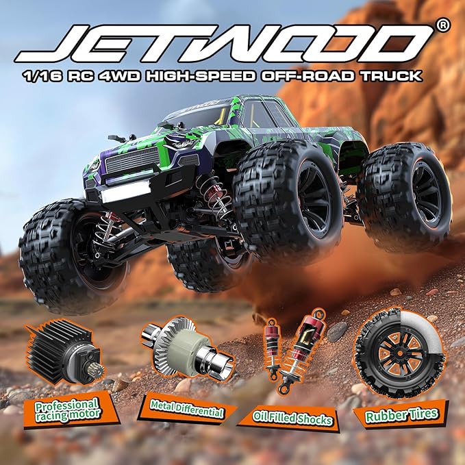 Jetwood 1/16 Fast Remote Control Car for Adults Electric 4WD RTR RC Cars High Speed RC Truck Gifts for Boys Max 38 kph Offroad RC JC16W with 2 Batteries