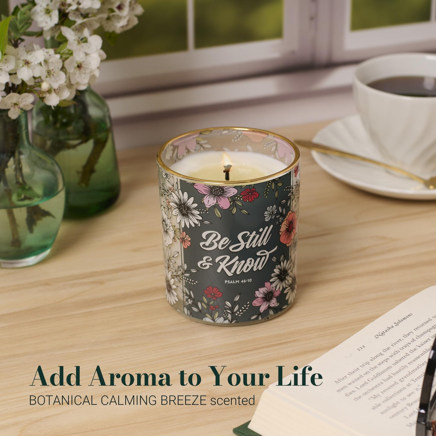 Christian Art Gifts Be Still & Know Scented Candle: Soy Wax, Pure Essential Oils, Calming Breeze Scent, Bible Verse, Floral Design Glass Jar, Encouragement Gift for Women, 40 Hours Burn Time